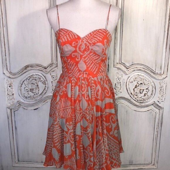 Milly of New York Orange and Beige Spaghetti Strap Waisted Fit and Flair Dress - Picture 1 of 13